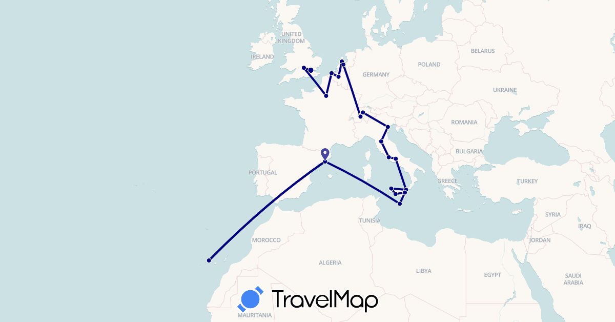 TravelMap itinerary: driving in Belgium, Switzerland, Spain, France, United Kingdom, Italy, Malta, Netherlands (Europe)